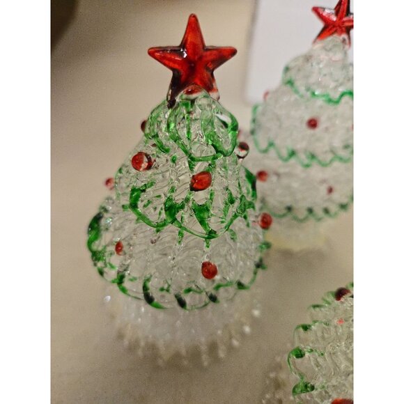 NEW Set Of 3 LED Light-Up Lace Glass Christmas Trees Red Stars & Green Trimming - Picture 5 of 6